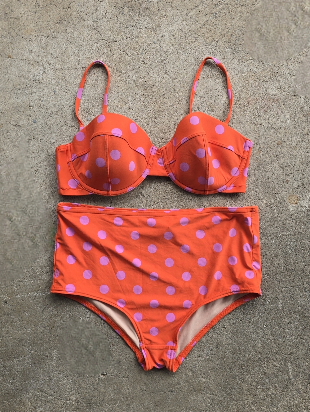 JCREW Orange Pink Polka Dot 2  High Waisted Bikini Swimsuit XLIn good pre